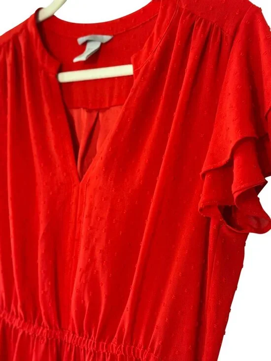 HM Red Swiss Dot Flutter Sleeve Dress Size 8 Fit and Flare Lined Mini Midi - Picture 5 of 10